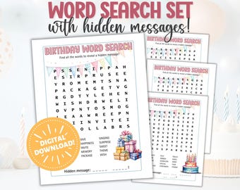 Birthday Word Search Set for Kids: Printable Party Game with Hidden Messages (Set of 4)