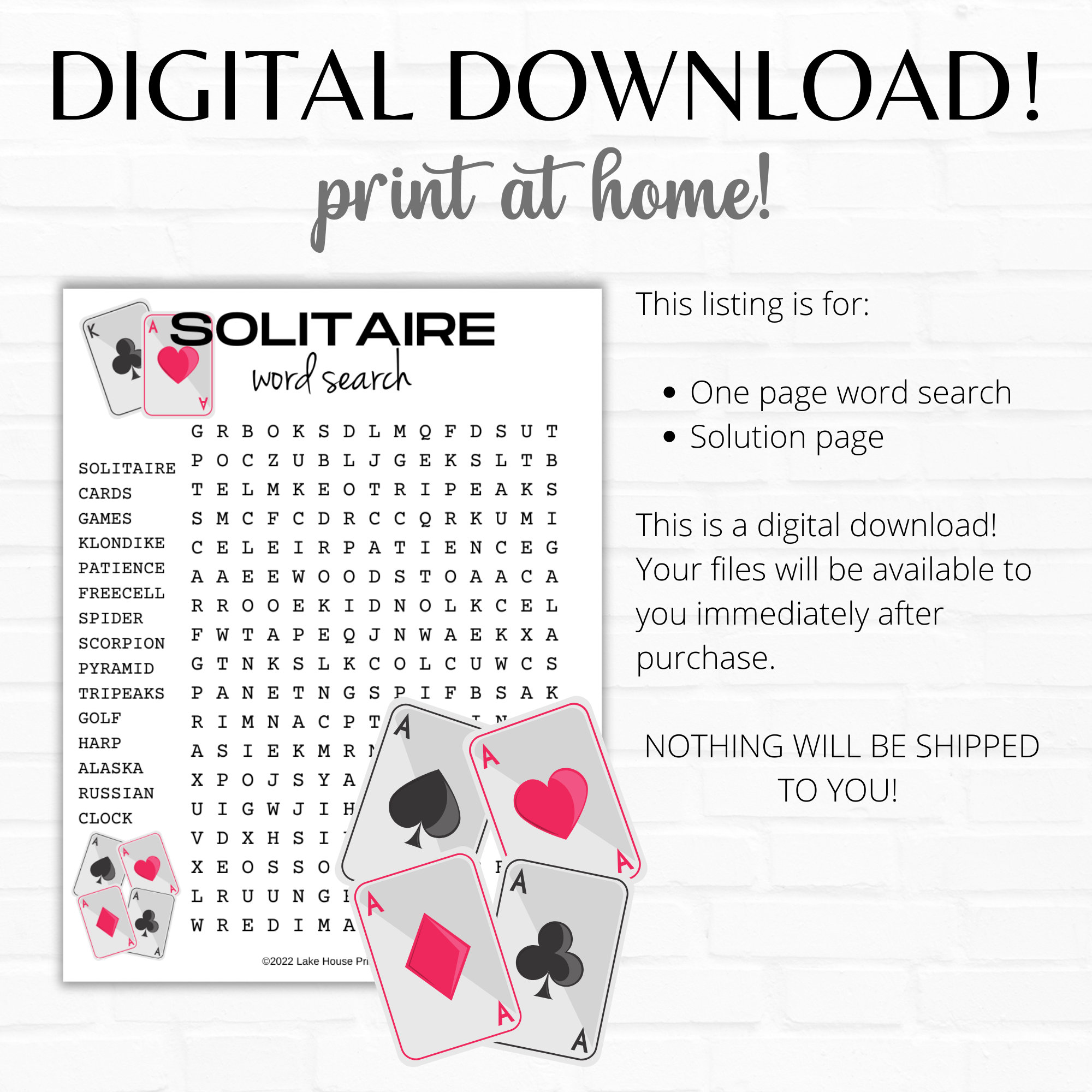 Solitaire Card Games Word Search Printable Search a Word for Etsy