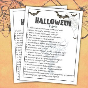 May include: Two Halloween trivia sheets with questions about the holiday. The title "Halloween Trivia" is at the top, with bat and spiderweb graphics. The questions cover jack-o-lanterns, candy, and folklore.