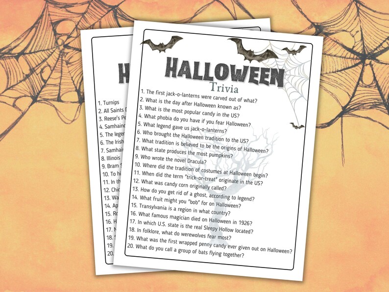 May include: Two Halloween trivia sheets with questions about the holiday. The title "Halloween Trivia" is at the top, with bat and spiderweb graphics. The questions cover jack-o-lanterns, candy, and folklore.
