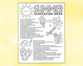 Staycation Ideas Printable Checklist, Editable Summer Vacation Kids Activities, Family Traditions Ideas,  Coloring Page, Screen Free Fun