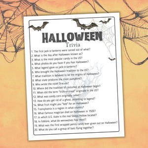 May include: A Halloween Trivia game sheet with questions about the holiday. The title "Halloween Trivia" is at the top, with bat silhouettes and spiderwebs in the background. The sheet is on a light orange background.
