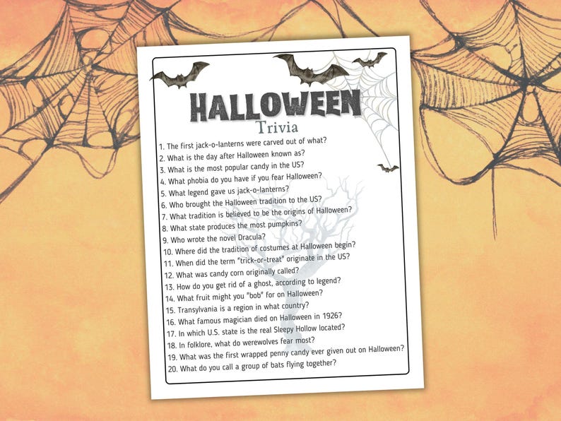 May include: A Halloween Trivia game sheet with questions about the holiday. The title "Halloween Trivia" is at the top, with bat silhouettes and spiderwebs in the background. The sheet is on a light orange background.