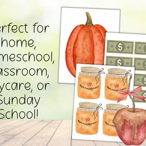 May include: Watercolor illustrations of a pumpkin, jars of maple pumpkin butter, play money, and a caramel apple. The image includes text that reads "Perfect for home, homeschool, classroom, daycare, or Sunday School!"