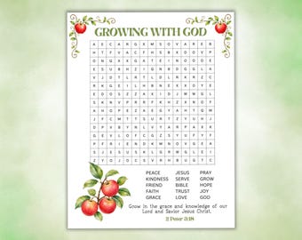 Christian Word Search for Kids, Bible Word Find, Growing with God Homeschool Activity,  Sunday School Printable,  2 Peter 3:18, Large Print