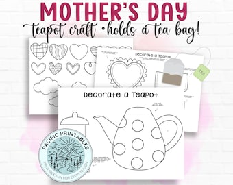 Mother’s Day Teapot Craft Printable, DIY Sliding Lid Card with Tea Bag Pocket, Keepsake Gift from Kids, Homeschool or Classroom Art Activity