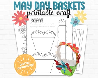 Printable May Day Flower Basket Craft: Spring Coloring Activity for Kids, DIY Mother's Day Gift
