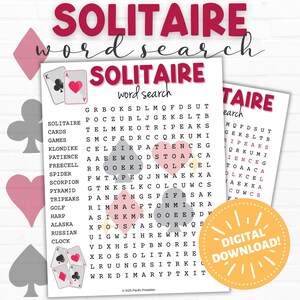 Sopa de letras de solitario, imprimible para niños, adolescentes y adultos, juego de cartas de solitario, descarga digital, regalo para jugadores de cartas.