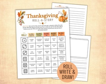 Thanksgiving Roll A Story, Printable Story Dice Game, Creative Writing Prompts, Roll and Write, Fall Literacy Activity, Homeschool Worksheet