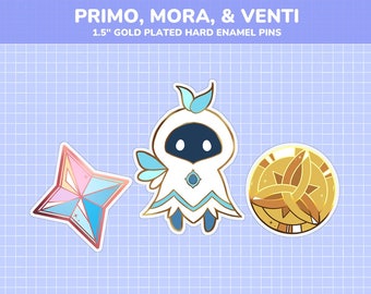 Genshin Impact Primo, Mora, Venti || 1.5" Enamel Pins: Primogem, Mora, & Venti True Form