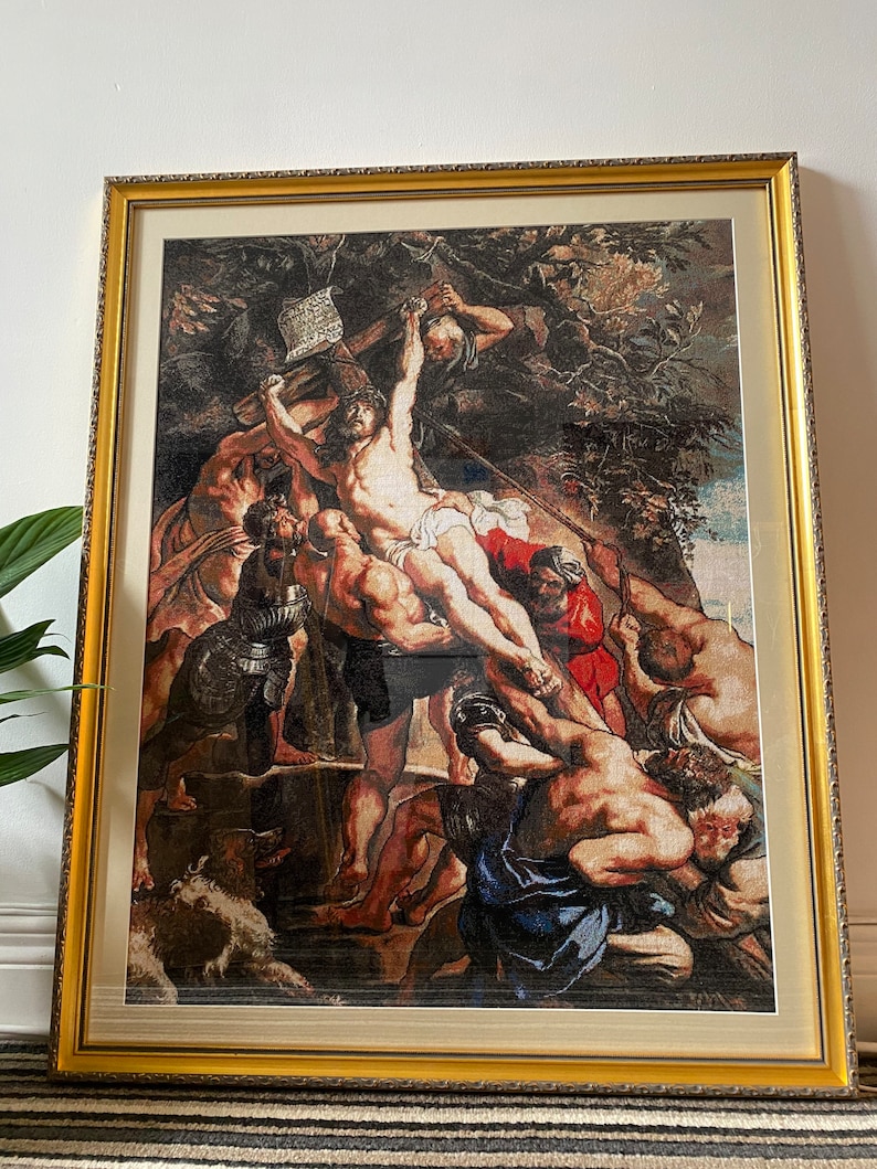 Gobelin needlepoint or petite point The Elevation of the Cross by Peter Paul Rubens framed with glass complete and ready for you image 3
