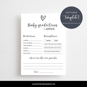 Jeu de prédictions bébé modifiable, conseils pour les nouveaux parents, jeux baby shower. Vœux pour le bébé BBCL