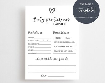 Editable baby predictions game, advice for the new parents, baby shower games. Wishes for the baby BBCL