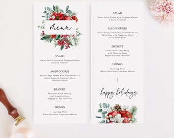 May include: A printable Christmas menu template with a red and green floral design. The menu includes a salad, main course, dessert, and drinks. The text "happy holidays" is written in cursive at the bottom of the page.