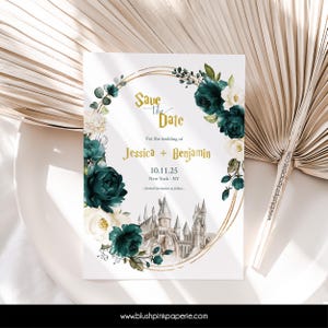 Emerald Green Save the Date Template | Dark Green Wizard Bridal Invites | Bridal Invitation Templates | Save the date EG02