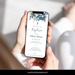 Editable White and Blue Baptism Invitation Evite E-Vite, E-invite | Template, Delicate, Boy Baptism, Text message invitation - OR01