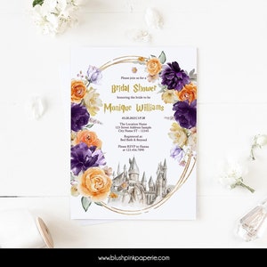 May include: A white bridal shower invitation with a gold circle border and floral accents. The invitation features a watercolor illustration of a castle and the text "Please join us for a Bridal Shower honoring the bride to be Monique Williams 03.20.2023/3P.M The Location Name 123 Street Address Sample City Name ST-12345 Registered at: Bed Bath & Beyond Please RSVP to Hanna at 123.456.7890 www.blushpinkpaperie.com"