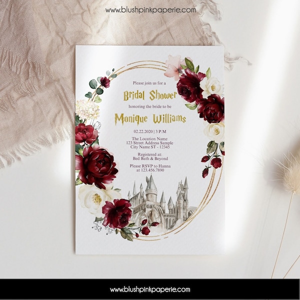 Burgundy Bridal Shower Invitation | Wizard Bridal Invites | Bridal Brunch Invitation Templates | Scarlet Red Wedding Printable BUHP
