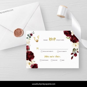 Carte RSVP de fleurs de Bourgogne | Mariage sur le thème de l'assistant | Modèles de cartes RSVP | Carte Réponse avec repas au choix Bourgogne Mariage BUHP Imprimable