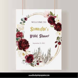 Burgundy Flowers Welcome Sign | Wizard Theme Party | Welcome sign Templates | Scarlet Red Party Printables BUHP