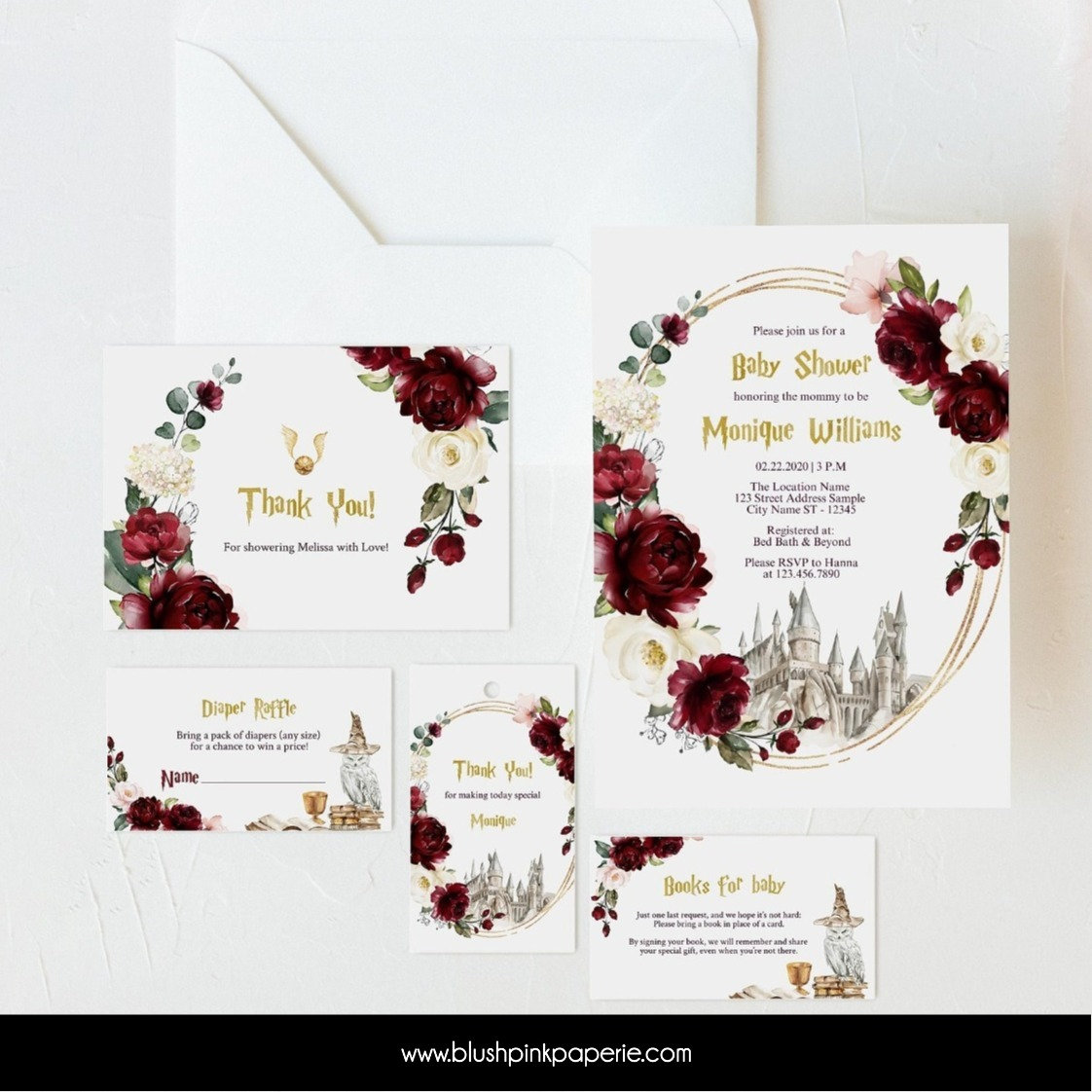 Burgundy Baby Shower Invitation SET Wizard Baby Invites Baby Brunch Invitation Templates Scarlet Red Printable Invitations