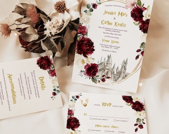 May include: Wedding invitation with a burgundy and white floral design. The invitation features a gold-rimmed illustration of Hogwarts castle. The text reads "Together with their families, Jessica Mars & Carlos Kentin. Have the pleasure to invite you to their wedding celebration, Saturday, May 24th 2025 at 5:30 in the evening. Venue Name: 1234 Venue Address Sample, City Name, ST-12345. Reception to follow."