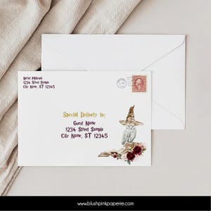 May include: A white envelope featuring a printed return address, a red postage stamp, and the text Special Delivery to: Guest Name 1234 Street Sample City Name, ST 12345. An illustration shows a white owl wearing a brown hat atop a stack of books.