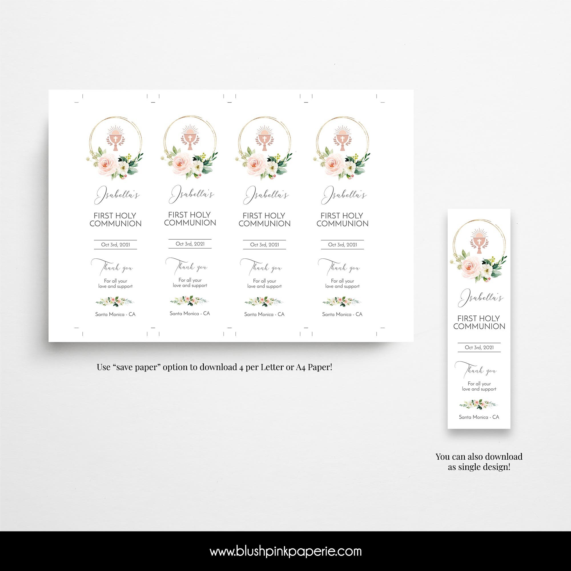 Editable Blush and Gold First Holy Communion Bookmark | Printable ...