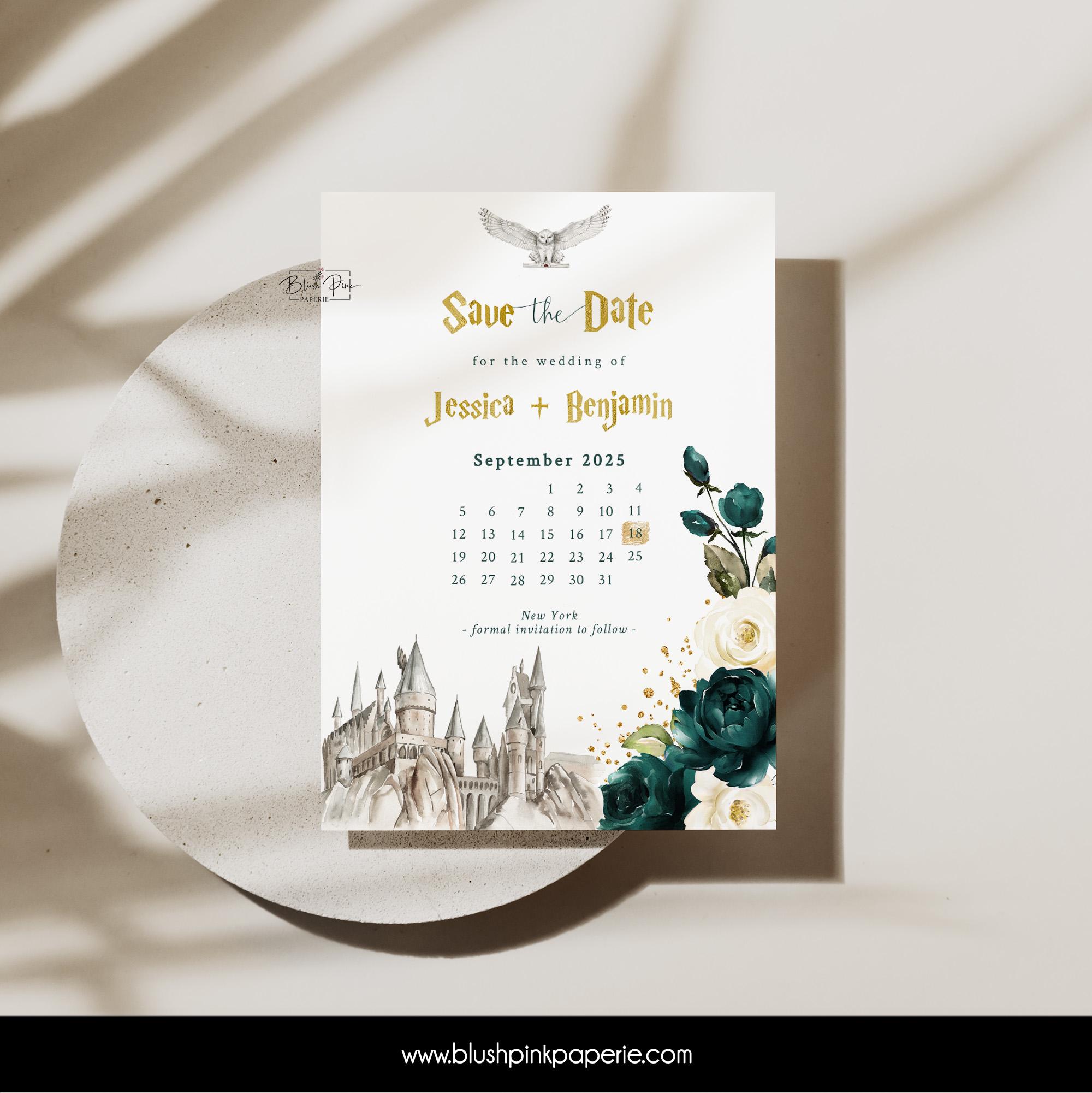 Emerald Green Save the Date Calendar Template | Dark Green Wizard Bridal Invites | Bridal Invitation Templates | Save the date EG02