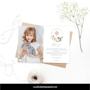 Bearbeitbare Blush und Gold Erstkommunion Dankeschön Kartenvorlage mit Foto, zart, FHC Einladung Mädchen, printable - EB01