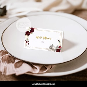 Burgundy Florals Place cards | Wizard Place tag Printable | Bridal Favor Cards Templates | Red Wizard Theme Printable invitations BUHP