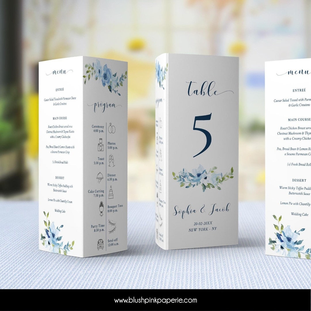 Editable Trifold Wedding Table Program, Blue Flowers Program Template ...