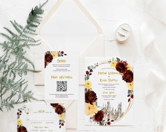 Red and Yellow Wizard Wedding Invitation | Wizard Wedding Invites | 3Pcs Suite Wedding Invitation Templates | Red Wedding Printable YRHP