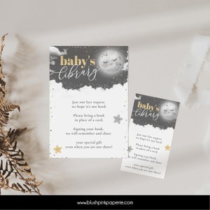 May include: A baby shower invitation with a gray and white moon and stars design. The text reads "baby's library" and includes a request to bring a book in place of a card.
