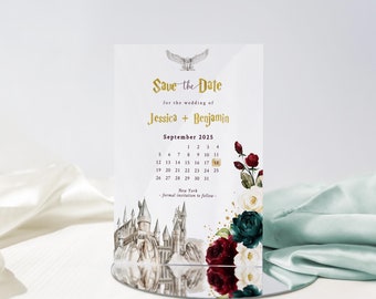 Burgundy and Emerald Save the Date Calendar Template | Wizard Wedding Invites |  Red green Wedding Printable BUEG