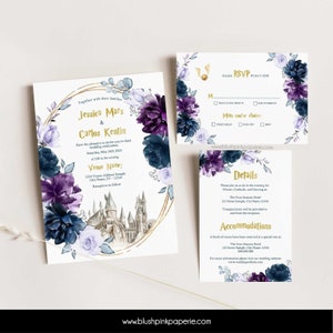 Purple and Navy Florals Wedding Invitation | Wizard Wedding Invites | 3Pcs Suite Wedding Invitation Templates | Blue Wedding Printable LIB01