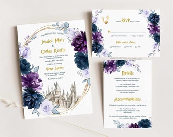 Purple and Navy Florals Wedding Invitation | Wizard Wedding Invites | 3Pcs Suite Wedding Invitation Templates | Blue Wedding Printable LIB01