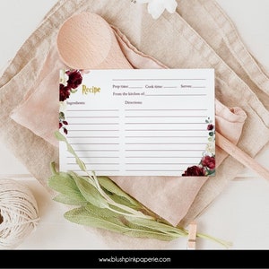 Carte de recette de fleurs de Bourgogne | Carte de modèle d'assistant | Modèles de cartes de recettes | Cartes imprimables sur le thème de l'assistant rouge BUHP