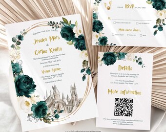Emerald Green Wedding Invitation | Wizard Wedding Invites | 3Pcs Suite Wedding Invitation Templates | Green Wedding Printable EG02