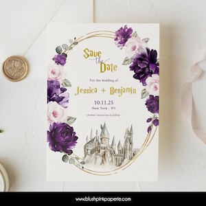 May include: Save the Date wedding invitation featuring a purple and white floral wreath, a gold circle, and a drawing of a castle. The text reads "Save the Date" in gold script, "For the wedding of Jessica + Benjamin", "10.11.25", "New York - NY", and "formal invitation to follow".