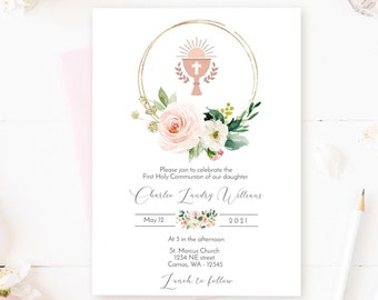 Pink Flowers First Holy Communion Invitation | Editable invitation | Corjl Template | Printable FHC Invites EB01