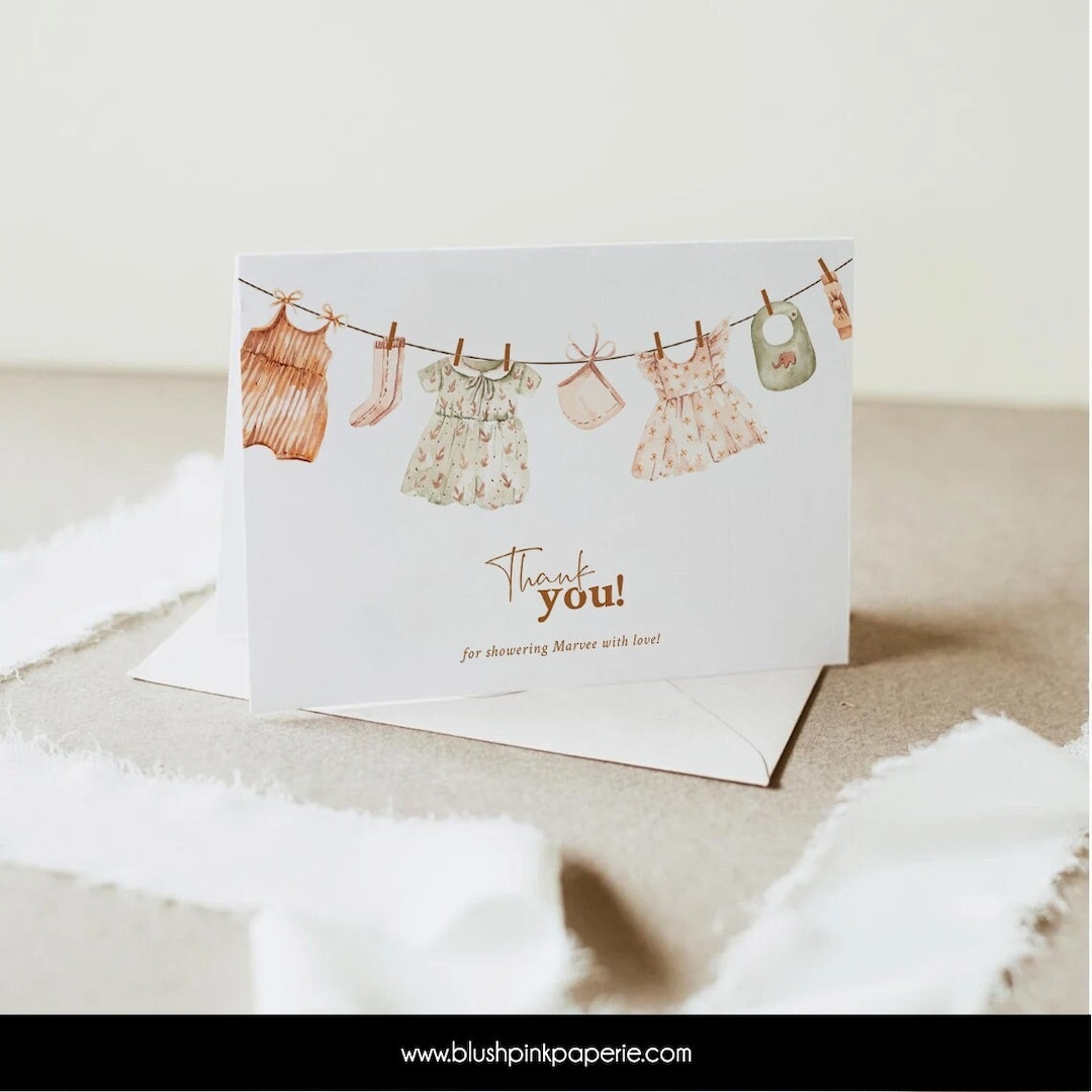 Baby Clothes Line Baby Thank You Card | Baby Girl Clothes Shower ...