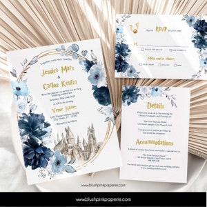 May include: A wedding invitation suite with a blue and gold floral design. The invitation features a watercolor illustration of Hogwarts castle. The RSVP card includes a choice of main course options: vegetarian, poultry, or beef.