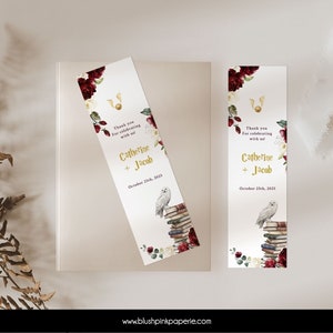 Bearbeitbare Burgund Blumen Lesezeichen Zauberer Theme Party | Druckbare Lesezeichen Vorlage | Bearbeitbares Lesezeichen - BUHP