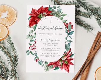 May include: A Christmas party invitation with a watercolor illustration of poinsettias, berries, and greenery. The text reads "Joins us for a Christmas celebration" and includes the date, time, and location of the event. It also mentions a Secret Santa gift exchange.