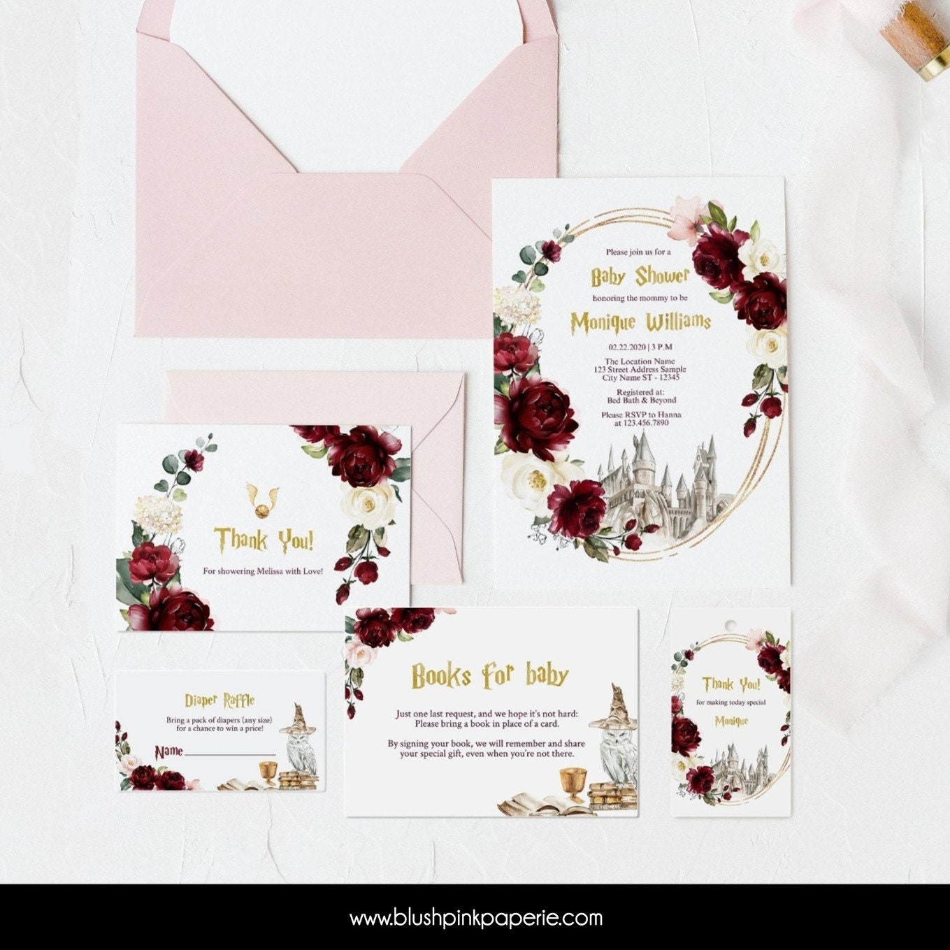 Burgundy Baby Shower Invitation SET Wizard Baby Invites Baby Brunch Invitation Templates Scarlet Red Printable Invitations