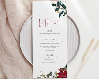 Può includere: Un menu a tema natalizio con un'illustrazione di agrifoglio rosso e verde. Il menu include opzioni per insalata, piatto principale e dessert. Il testo sulla carta recita "Let's eat".