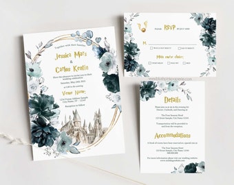 Teal Wizard Wedding Invitation | Magical Wedding | 3Pcs Suite Wedding Invitation Templates | Teal Wedding Printable invitations TL01