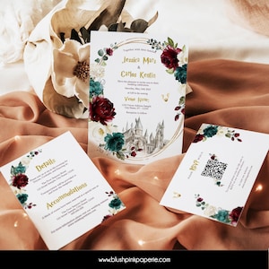 Burgundy and Emerald Wedding Invitation | Wizard Wedding Invites | 3Pcs Suite Wedding Invitation Templates Red green Wedding Printable BUEG