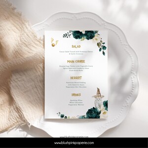Plantilla de menú editable de flores esmeralda, plantilla de menú floral verde oscuro, ducha de asistente, menú de ducha, menú de boda EG02